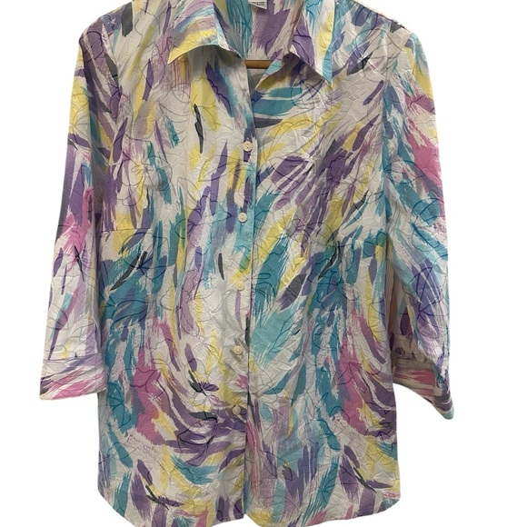 Alia Tops - ALIA Colorful Abstract Crinkle Print Button Down Blouse - Shirttail Hem - Sz 16W